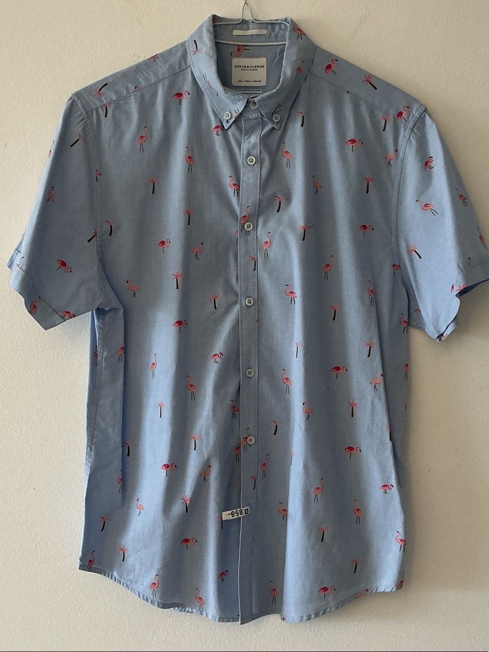 Denim & Flower Short Sleeve Shirt Blue Flamingo Sz L